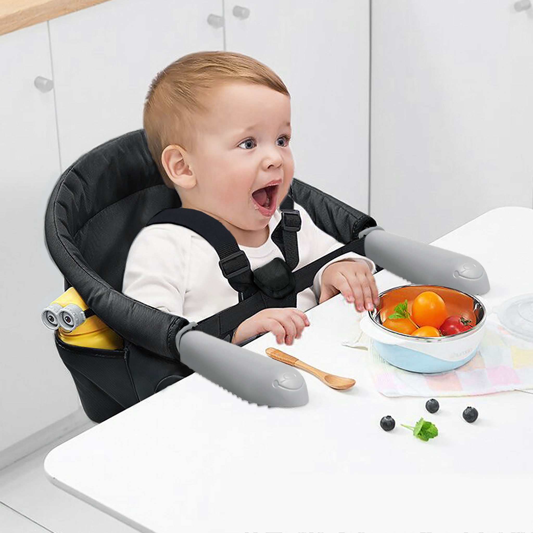 imagen del artículo Asiento de mesa para bebé, silla     plegable con 1 cinturón de seguridad y cojín lumbar para el hogar y viajes,   15 kg