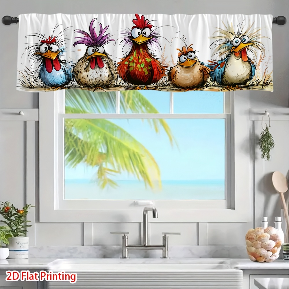 TEMU 2d Flat - 2d Flat Printing 1pc, Funny Chicken Valance Curtain With Colorful Farmhouse Chicken Print (rooster And Hens) - Semi-sheer Window