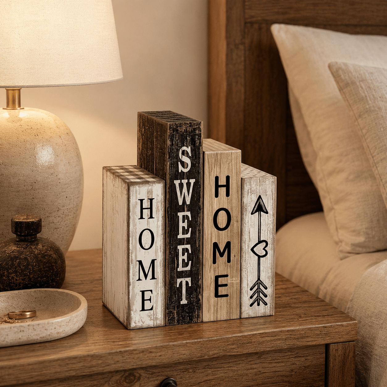 TEMU 4pcs Set Of Farmhouse Style Stackable Wooden Block Ornaments, Distressed Vintage "" Print, Versatile For Fireplace, Entryway, Coffee Corner, And