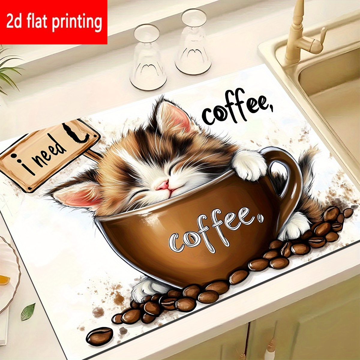 TEMU Tovaglietta Assorbente con Stampa 2D, 1 pz, con Animale , con un Gatto a Turchese in una di Caff癡, Materiale in Gomma Antiscivolo, Tappetino