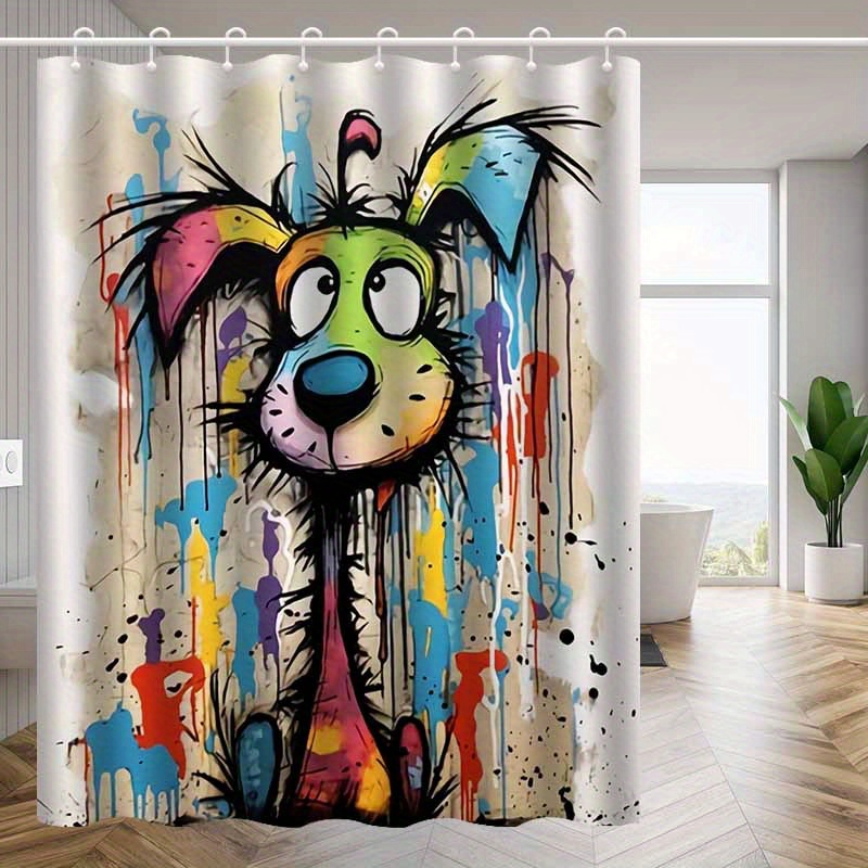 TEMU 1pc Cortina de ducha digital con diseño artístico de perro y de color, cortina de baño elegante de , de decoración para baño