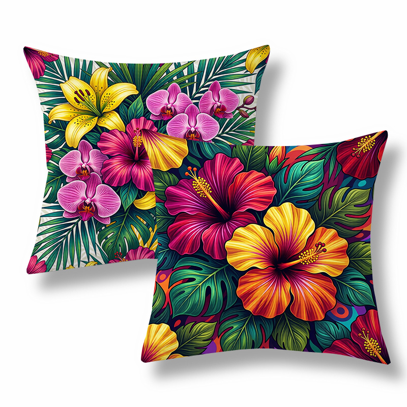 TEMU 2pcs Tropical Style Throw Pillow Covers, Decorative Cushion Cases, Floral & Leaf With Hibiscus And Orchids, . Versatile Pillow Shams For Sofa,