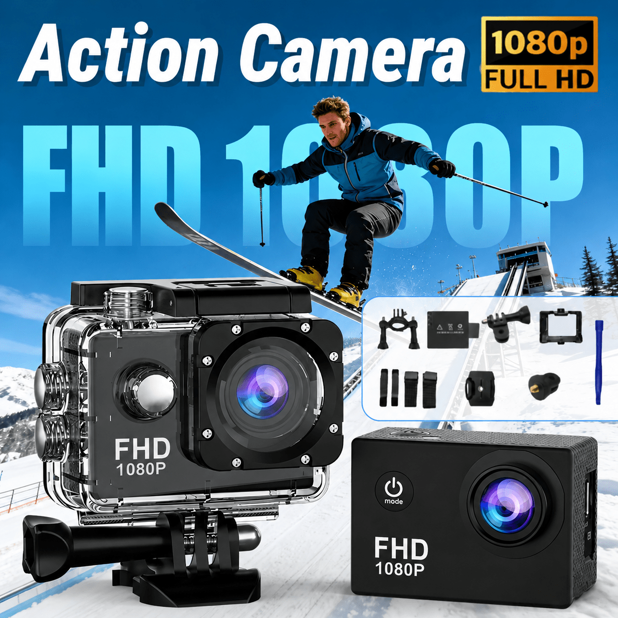 Image of 1080p Fhd Action Camera With 2 Inch Lcd Screen, 140° Sports Camera, Noise Reduction, Helmet Cam For Cycling Skiing Motorcycle Travel Outdoor Recording