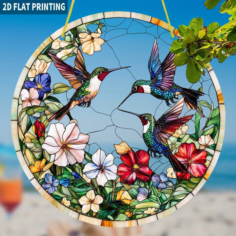 TEMU Attrape-soleil 2D plat, Attrape-soleil coloré en acrylique, Attrape-lumière 2D plat et floral imprimé HD transparent - Ornement de fenêtre rond
