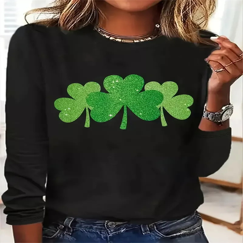 

Women's T-shirt Clover Luck Print - Comfortable Long Sleeved Round Neck - For Spring And Autumn Casual Wear 's Day