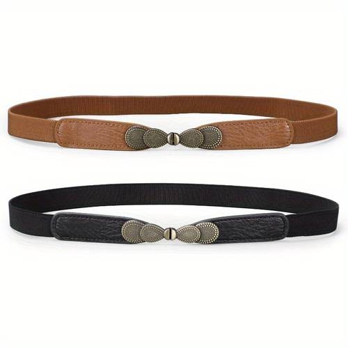 2 pack vintage elastic waist belts synthetic leather stretch cinchers with decorative metal buckles adjustable multipurpose waist accessories for dresses coats cardigans jumpsuits ideal gift for womens fashion stylish outfit enhancer elegant belt design sleek belt design
