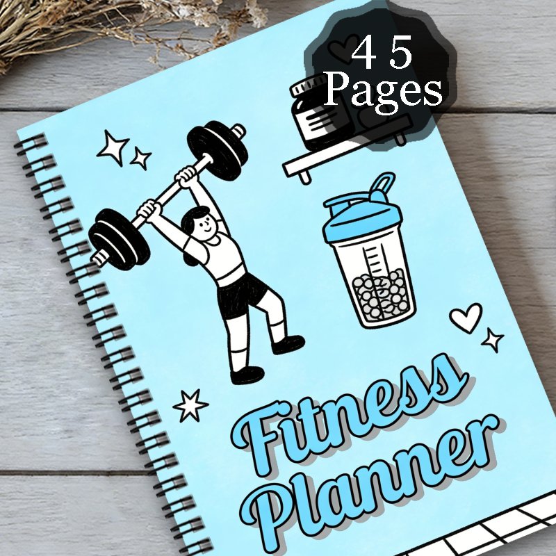 1pc Fitness Planner Spiral Notebook Journal | Diet and Fitness Exercise Health Log, Daily Exercise Planner for Women and Men, Compact Size, Fitness Themed Personal Organizer, Weight Loss Plan, Weight Lifting Shaker Bottle, Supplement Container