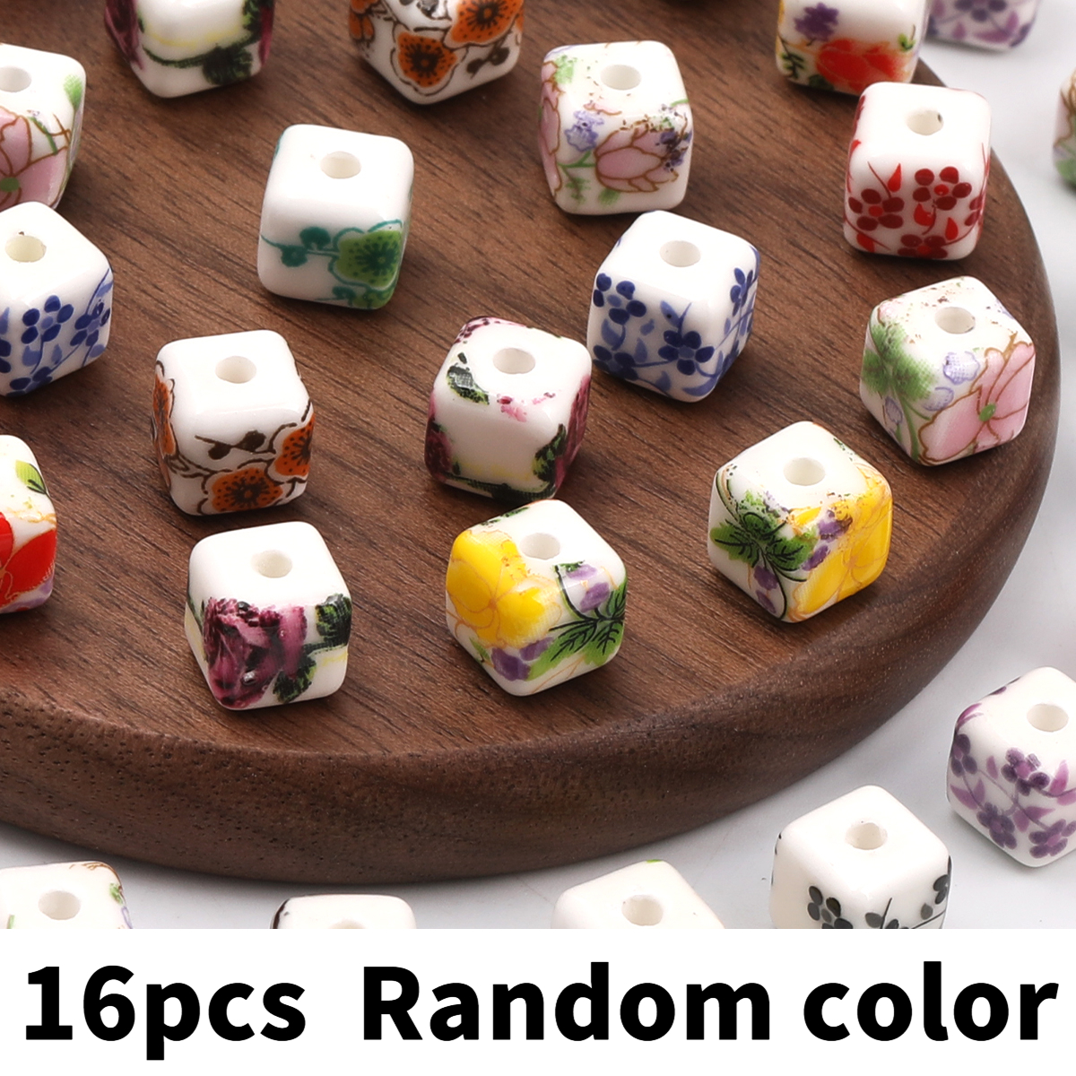 8pcs/16pcs Cube Printed Flowers Glazed Square Ceramic Beads for DIY Jewellery