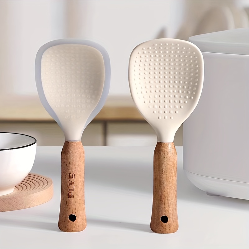 2pcs Food Grade Silicone Rice Spoon Wooden Handle Rice Scoop Rice Cooker Special Rice Serving Spoon Household Kitchen Rice Spoon Easy To Clean Non-damaging To Pots Practical Kitchen Tool