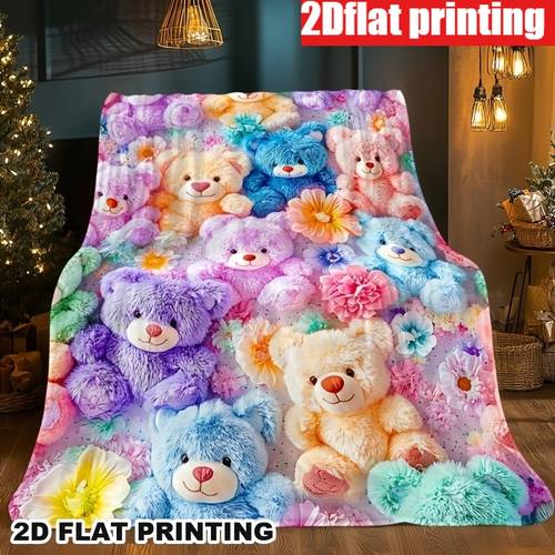 2d flat printing 1 and warm teddy bear printed blanket ideal for home decor and gifting suitable for sofas beds travel and camping multi functional throw blanket for living rooms and offices lightweight and portable digital printed 2d