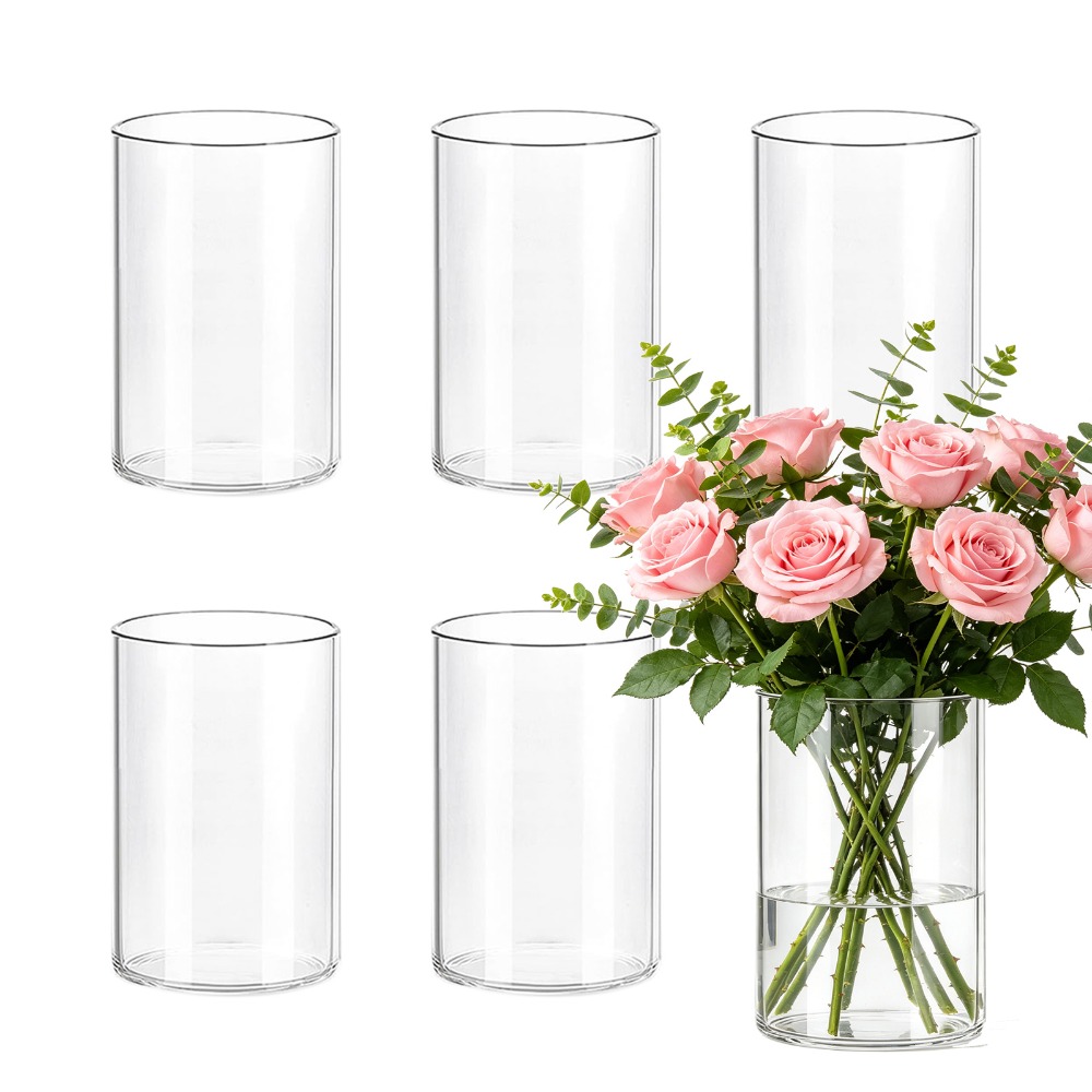 TEMU 6er-Set einfache transparente zylindrische Glasvasen mit 10 cm Höhe 6,5 cm Durchmesser, moderne schwebende Kerzenhalter, windfeste Kerzenhalter