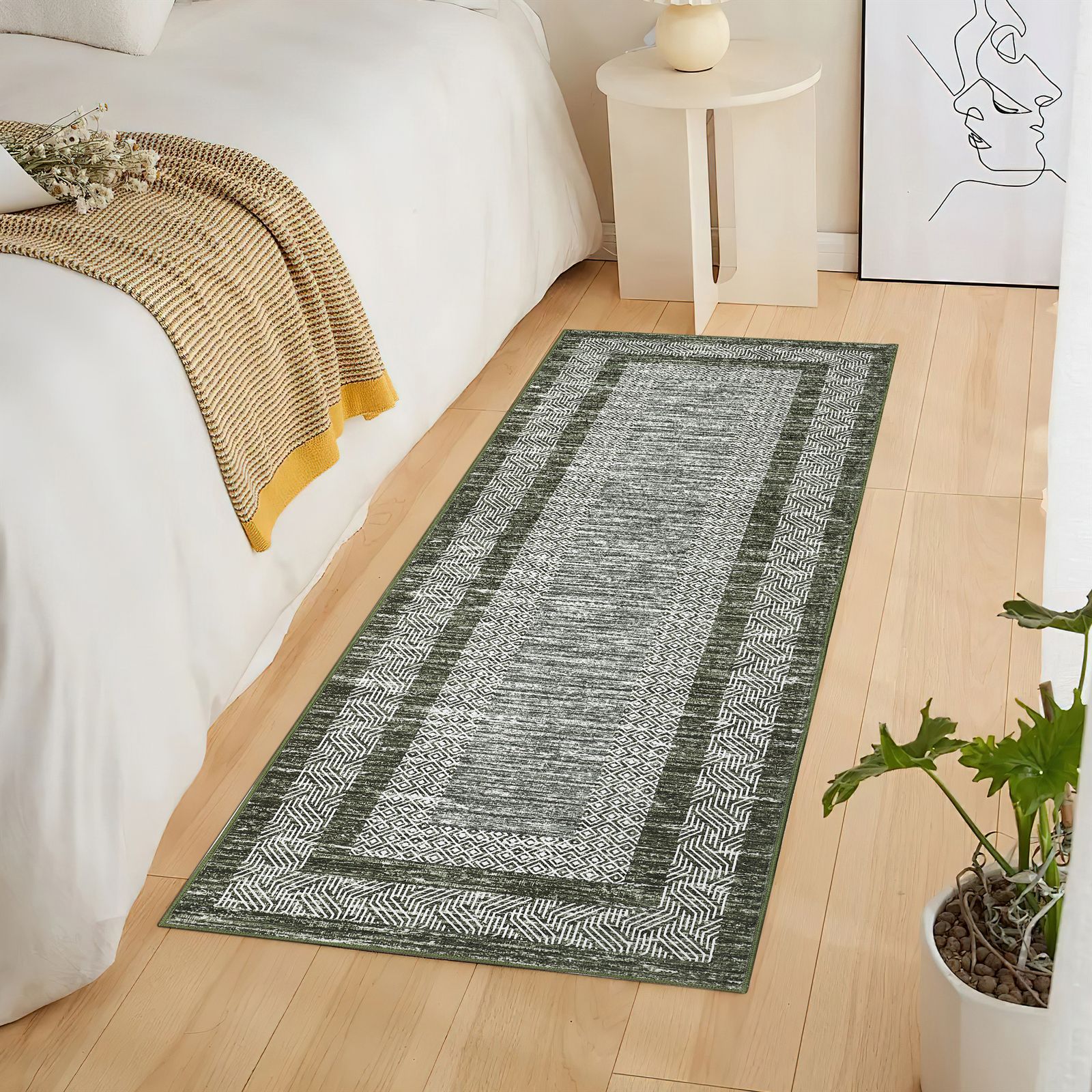 Image of Minimal Green Border Area Rug | Non Slip Washable Polyester Carpet With Geometric And Stripe Pattern, Low Pile Soft Mat For Living Room, Bedroom, Entryway, Foldable Indoor Decor, Covering