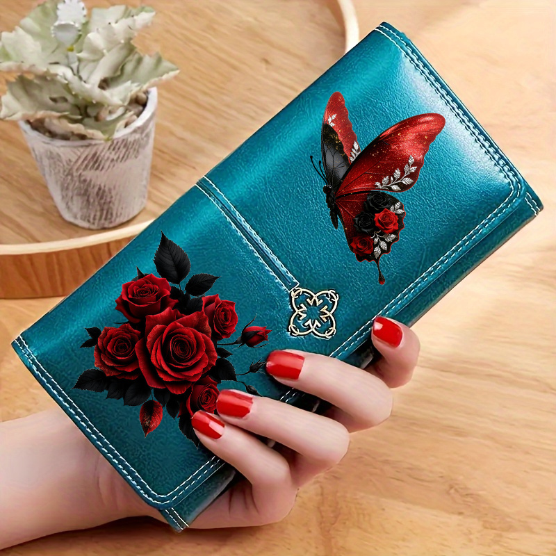 TEMU Oil-wax Women's Long Wallet, Featuring Exquisite And Rose Floral 2d Pattern Coin Purse And Clutch, Minimalist Money Clip, Large Capacity