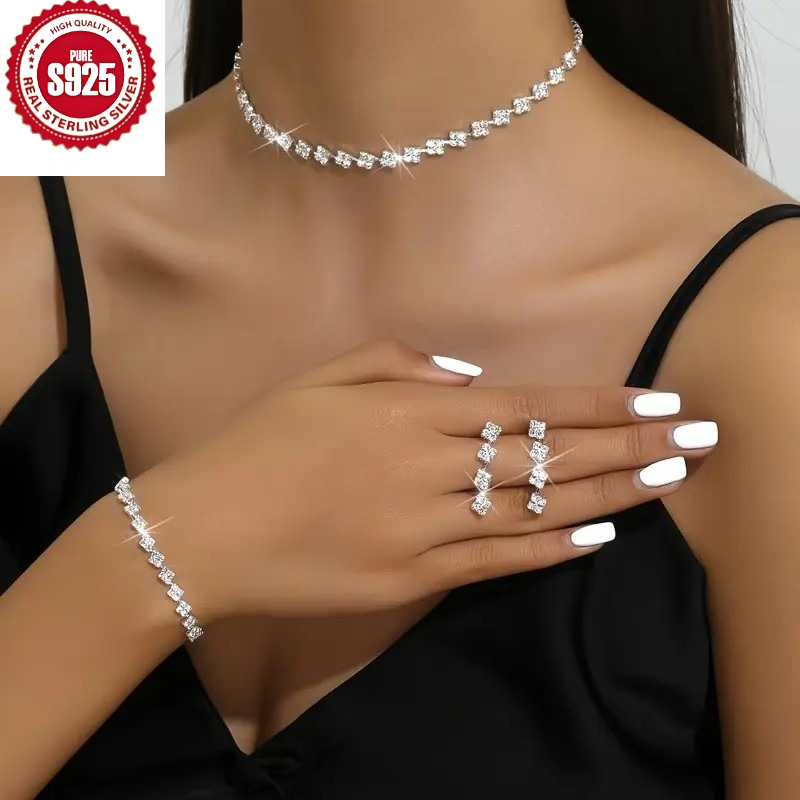 TEMU S925 Silver Claw Chain With Loose Moissanite And Necklace, Earrings, And Bracelet 4pcs Set, Collarbone Necklace For Evening Dress Accessories,