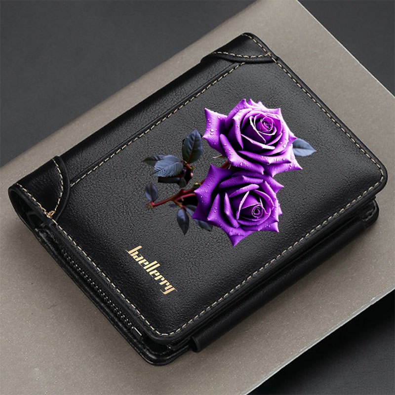 TEMU 1pc Large-capacity Slim With Purple Roses & - Zipper Closure Credit Card Holder, Portable Wallet Suitable For , Christmas Valentine's Day Gifts
