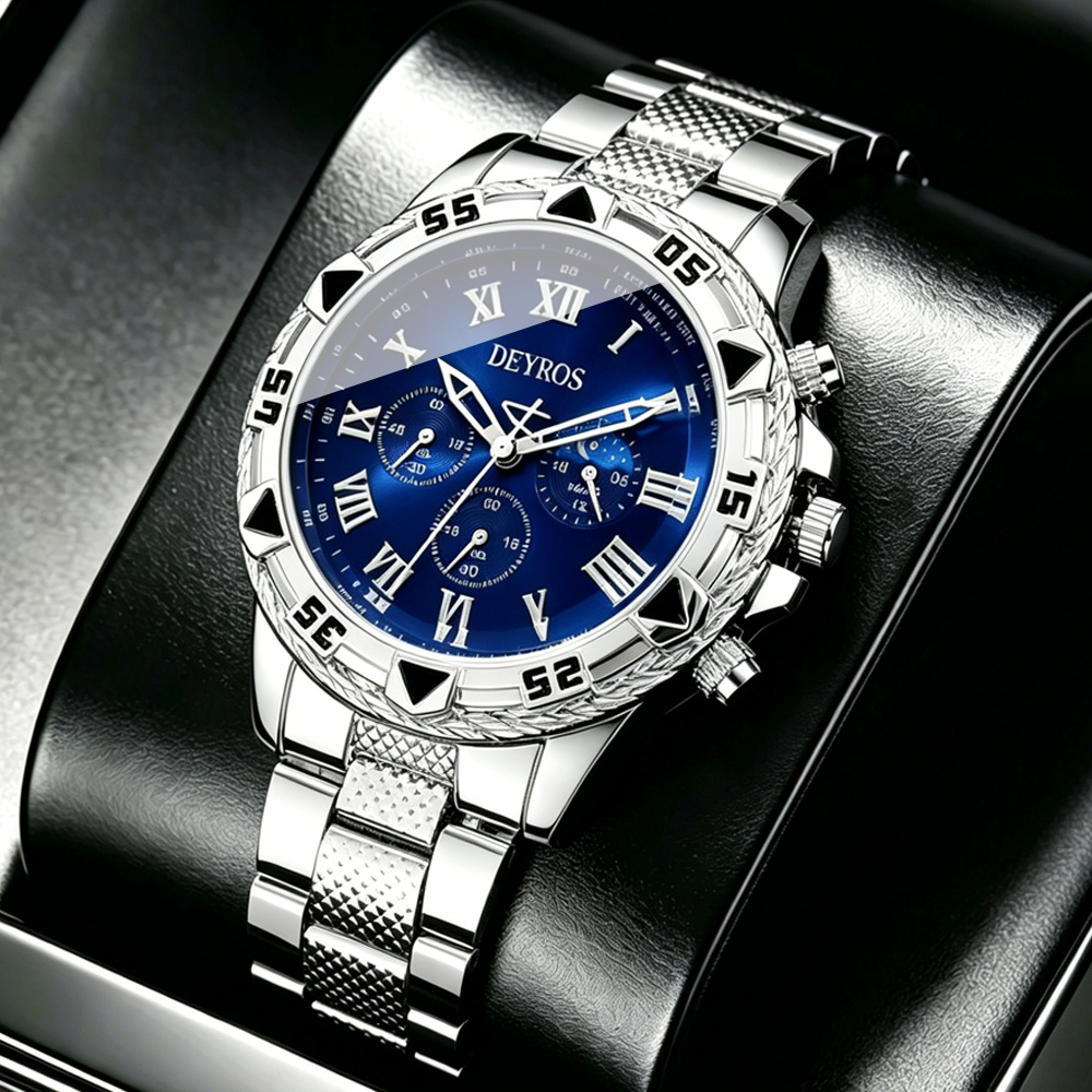 Luxury Men' Steel Watch, Roman Blue Dial Business Wrist Watch