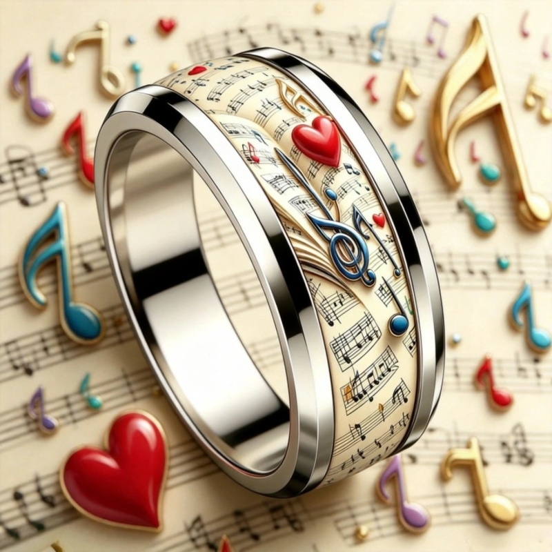 Vintage Sheet Music Heart Note 304 Stainless Steel Ring
