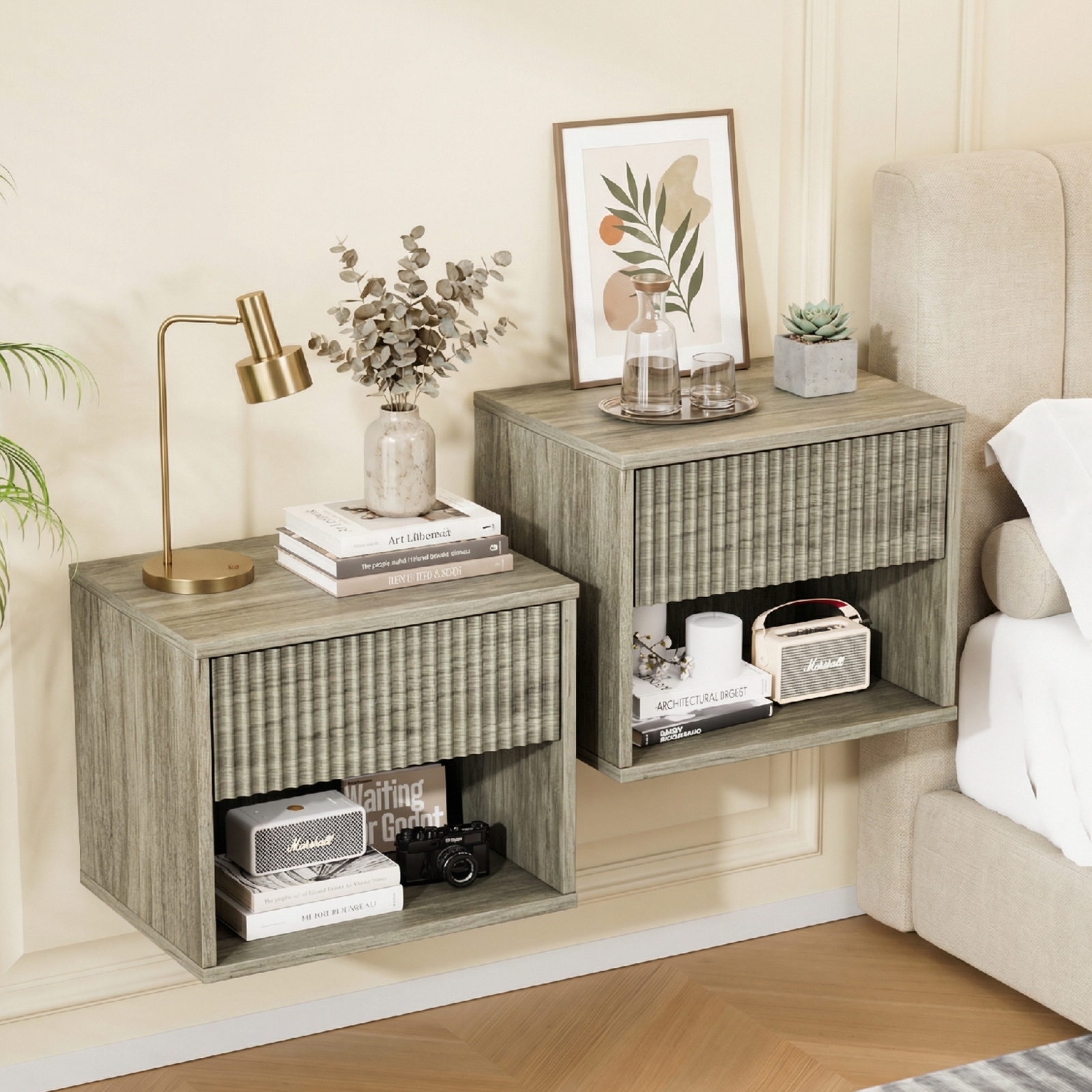 Floating Nightstand Set Of 1/2 | Wall Mounted White Dresser With Drawer & Shelf, Modern Fluted Cabinet For Small Space, Bedroom, Home Office, Entryway Storage Organizer - Sunroad
