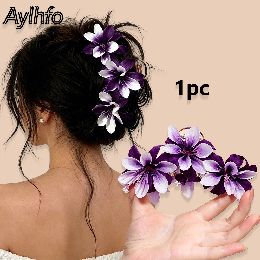 Image of Aylhfo 1pc Artificial Flower Hair Claw, Bohemian Gradient Lily Shark Clip, Non-slip Strong Claws, Women Hair Accessories For Beach