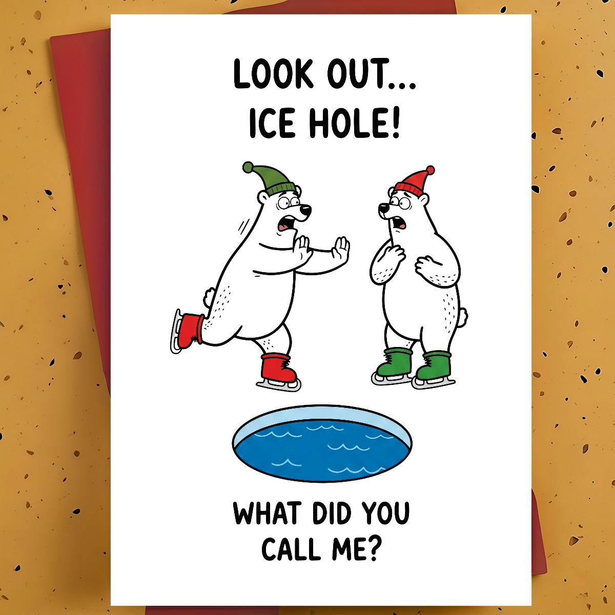 TEMU 1pc Funny Christmas Card For Friend, Coworker - Polar Bear Ice Skating Cartoon Illustration, Holiday Humor, Thickened, With Envelope