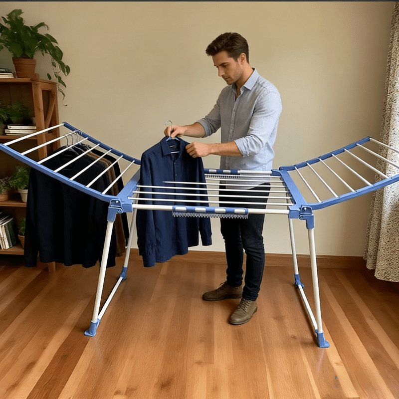 Heavy-duty Upgraded Folding Clothes Hanger, Composed of a Metal Frame and Plastic Connectors. The Frame Features a Rust-proof Surface Treatment, Combining Durability with Lightweight Portability. It Can Simultaneously Dry Multiple Garments and Adapts