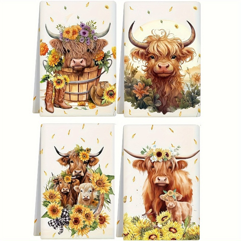 

4pcs Highland Cow Sunflower Kitchen Towels Set, Modern Cartoon Style, 18x26 Inch, 100% Polyester, Dish Cloths, Quick Dry Absorbent Tea Towels, Machine Washable, Rustic Animal Themed Kitchen Decor