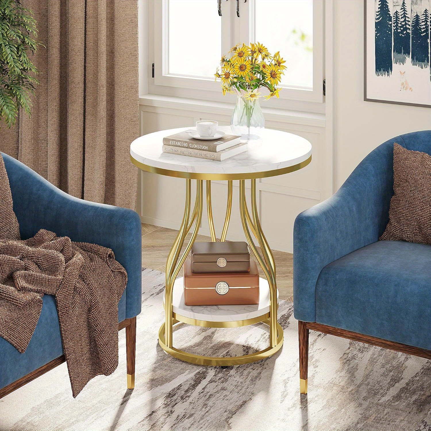 Round Side Table White Table 2-tier End Table Modern Bedside Table Small Side Table With Storage For Couch Side, Sofa Side Table With Metal Frame For Living Room, Deck Boxes