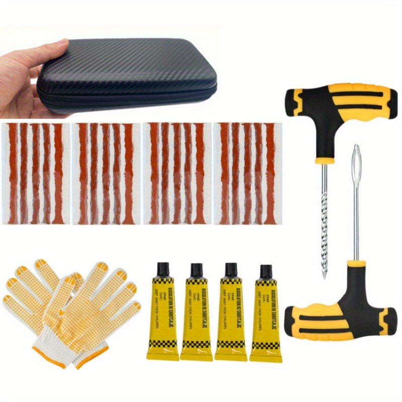 a high quality tire repair tool kit   with a   set of tools suitable for tubeless cars trucks motorcycles and tire replacement tools with     four tubes of   and 4pcs of tape for emergency vac