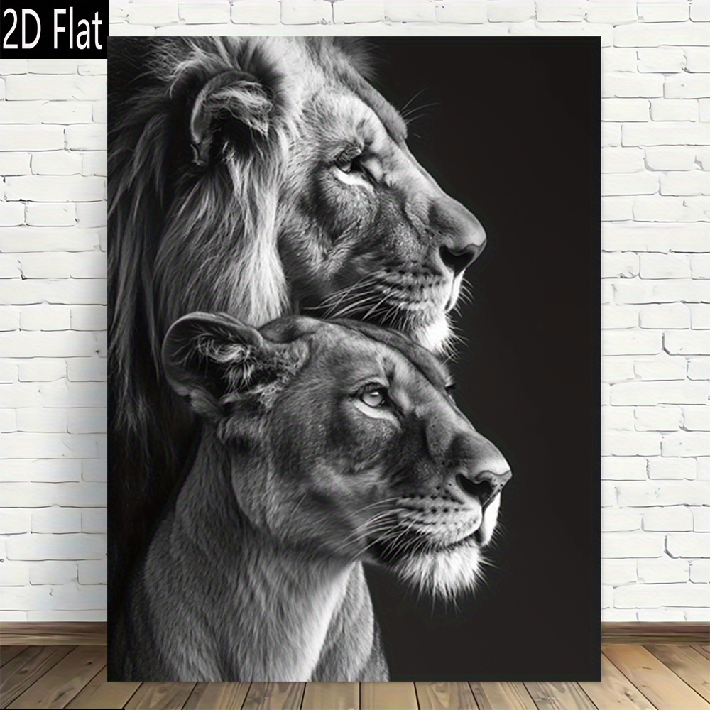TEMU 2d Flat, 2d Flat, 2d Flat Frameless Canvas Featuring A Black And White Profile Of A Lion Couple, Designed In A Modern Retro Style. This