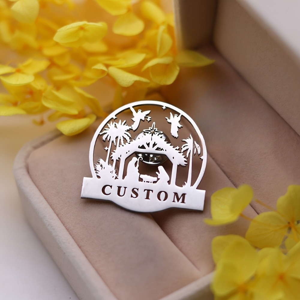 TEMU A Custom Christmas Brooch In Of The Nativity Scene, Featuring A Single Pin Surrounded By Palm Trees And , Serving As A Unique Badge Of Holiday
