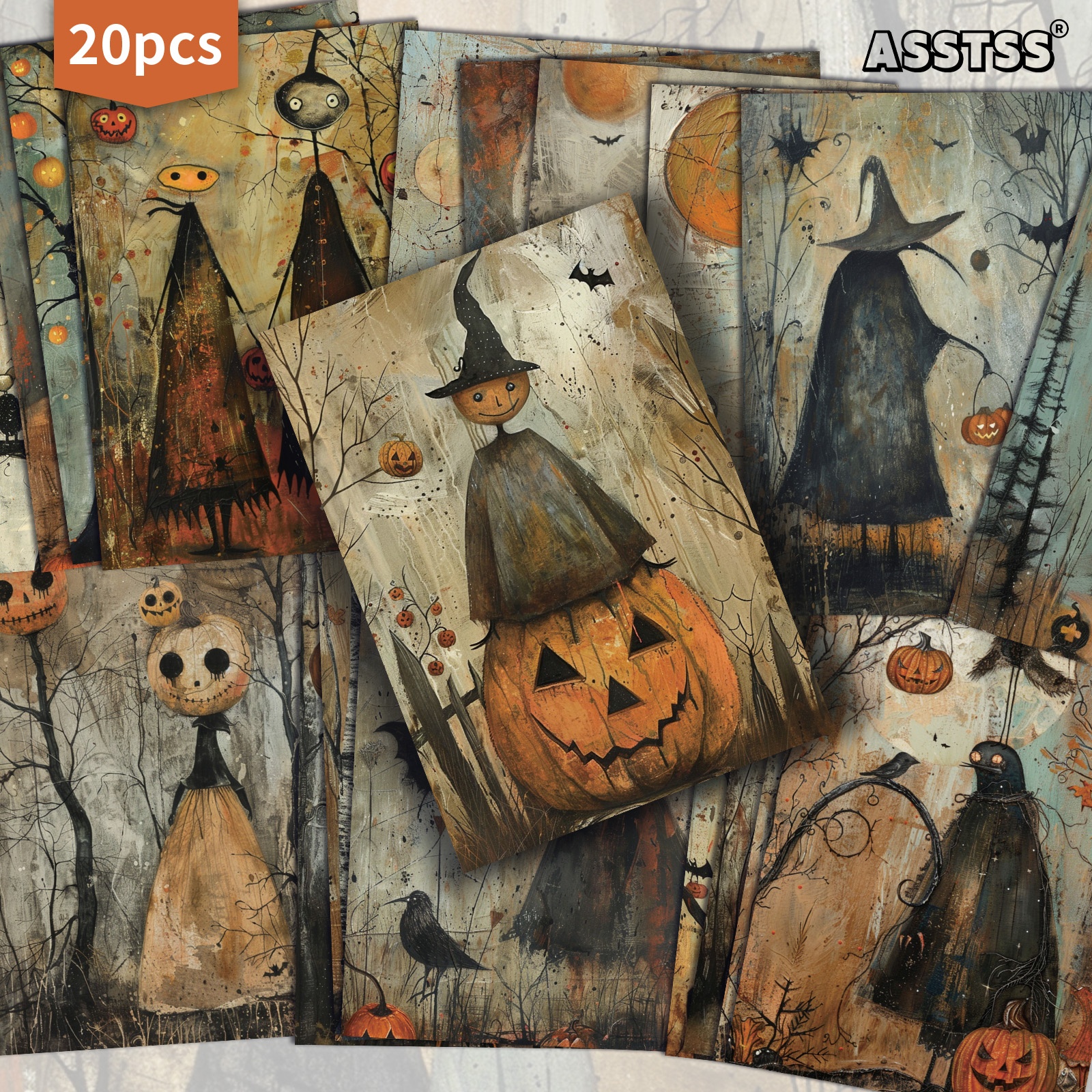 TEMU Lot de 20 cartes postales assorties ASSTSS (paquet/boîte) ASSTSS Vintage Halloween Sorcière et Citrouille - Rétro Adaptées pour Junk Journaling,