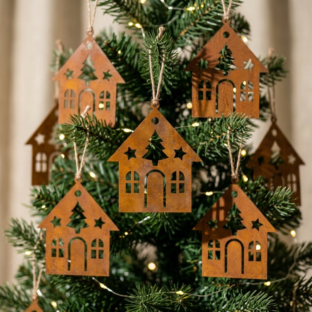 TEMU 5 pezzi Decorazioni da appendere in metallo per casa di Natale vintage arrugginita, design intricato della finestra, per albero di Natale,