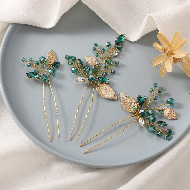 TEMU 3pcs Vintage Green Leaf Hairpins U-shaped Hair Forks For Bride Wedding Party Dance Hairstyle Decoration Hair Accessories Women