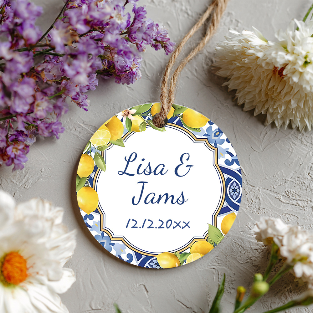 TEMU Étiquettes-cadeaux rondes personnalisées sur le thème du mariage méditerranéen citron, 48 ou 96 pièces, avec ficelle de jute, personnalisable,