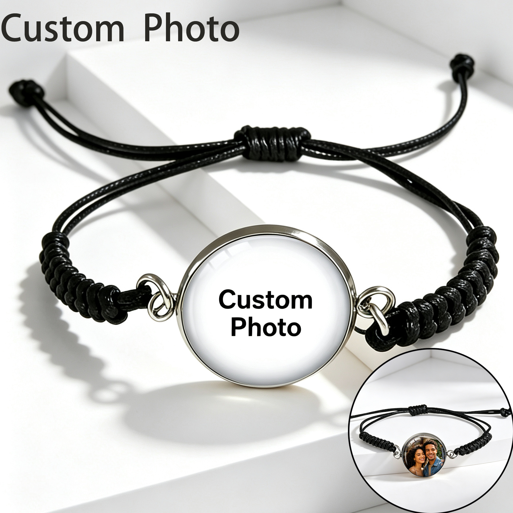TEMU 1 Custom Photo Black Cord Bracelet, Commemorative Bracelet, Customizable Photo, Personalized Diy Photo Bracelet For Men And Women