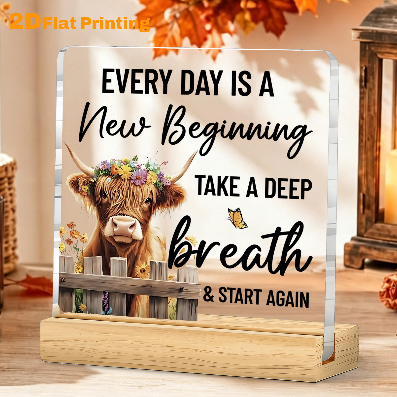 TEMU 2d Flat, 1pc Inspirational Positive Acrylic Plaque For Desktop Decoration, Highland For Cow Theme, Motivational Quote Pattern, Suitable For Cow