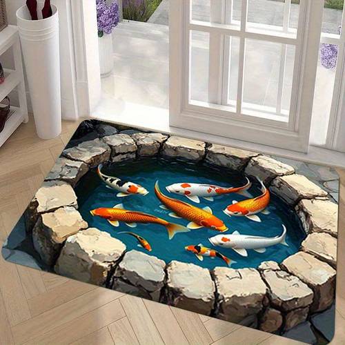 single piece 3d themed doormat features a non slip ultra soft flannel fabric absorbent and machine washable polyester floor mat with koi designs ideal for in bathrooms bedrooms and living rooms