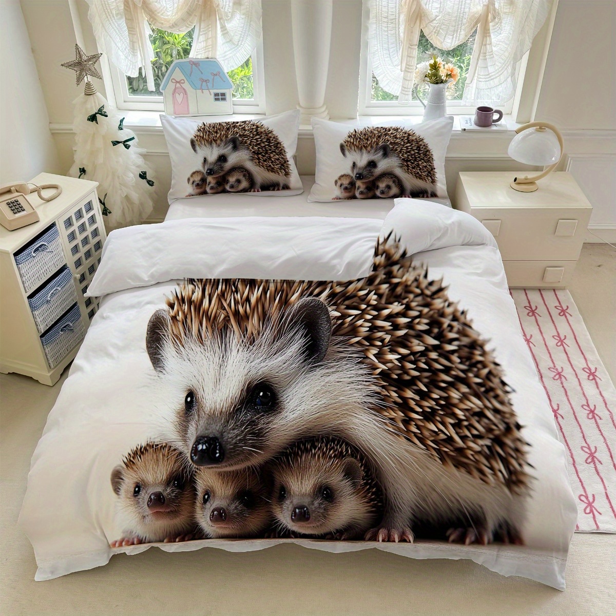 TEMU Ensemble 3 pièces Adorable Famille de Hérissons sur Fond Blanc Literie 1 Housse de Couette + 2 Taies d'Oreiller, Garniture Adapté à Toutes
