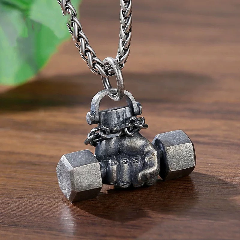 Image of A Stylish Dumbbell Pendant Designed For Men, Trendy And , With A Unique Flair That Appeals To Online . This Piece Serves As And Fitness Accessory, Of Retro Necklaces
