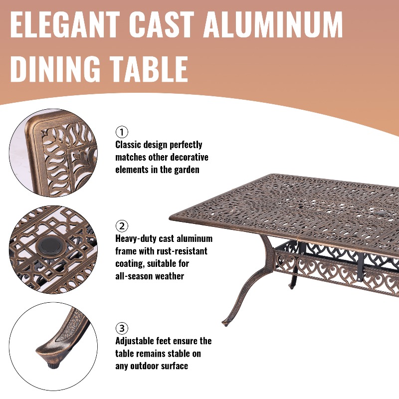 9pcs Cast Aluminum Outdoor Patio Dining Set - Ornate Scrollwork Design, Weather-Resistant Rust-Proof Frame, Square Table & 6 Cushioned Chairs, Suitable for Garden, Backyard & Poolside