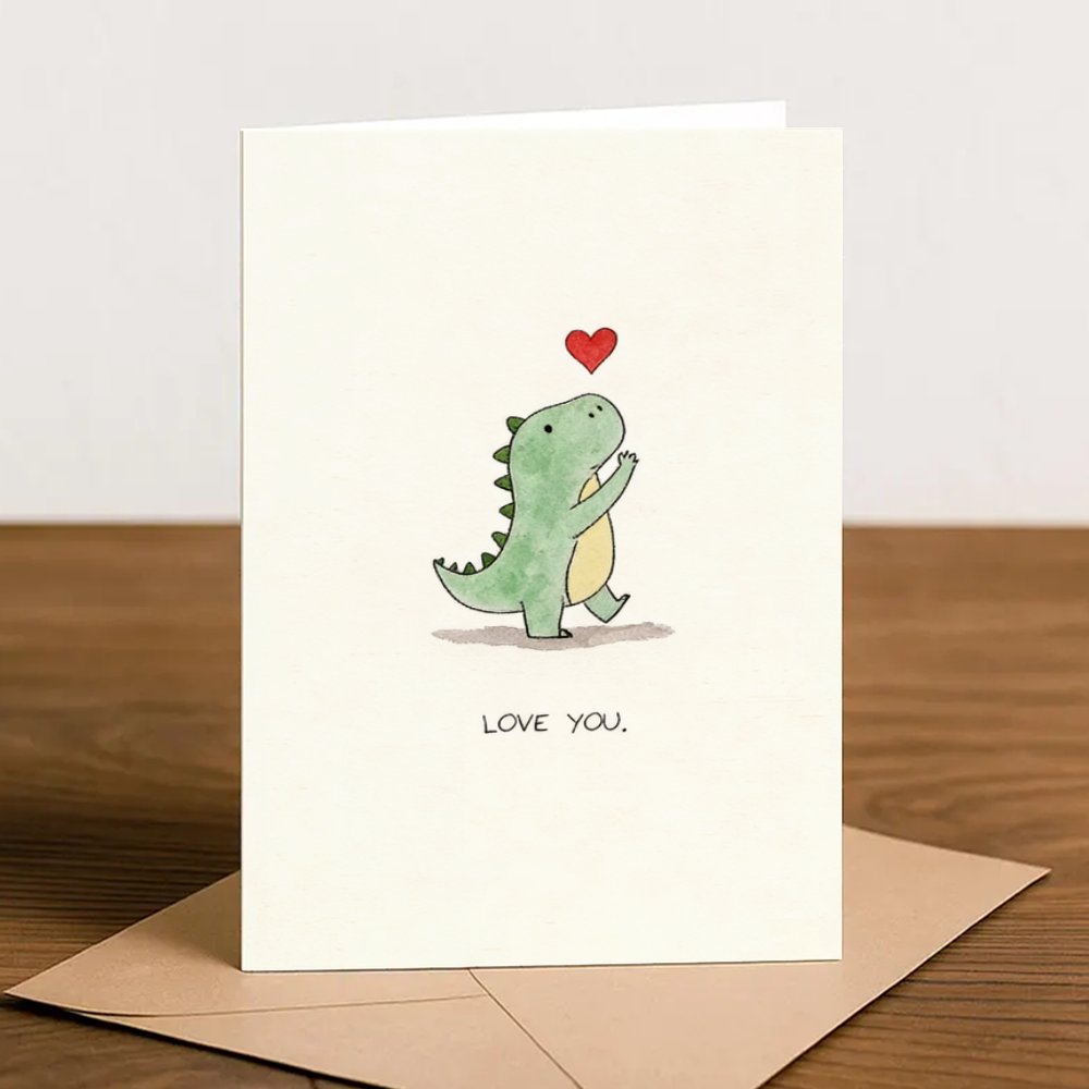 TEMU 1pc Funny Card Featuring A Cute Green Dinosaur And A Red Heart, A Romantic 'love You' Greeting Card For Valentine's Day