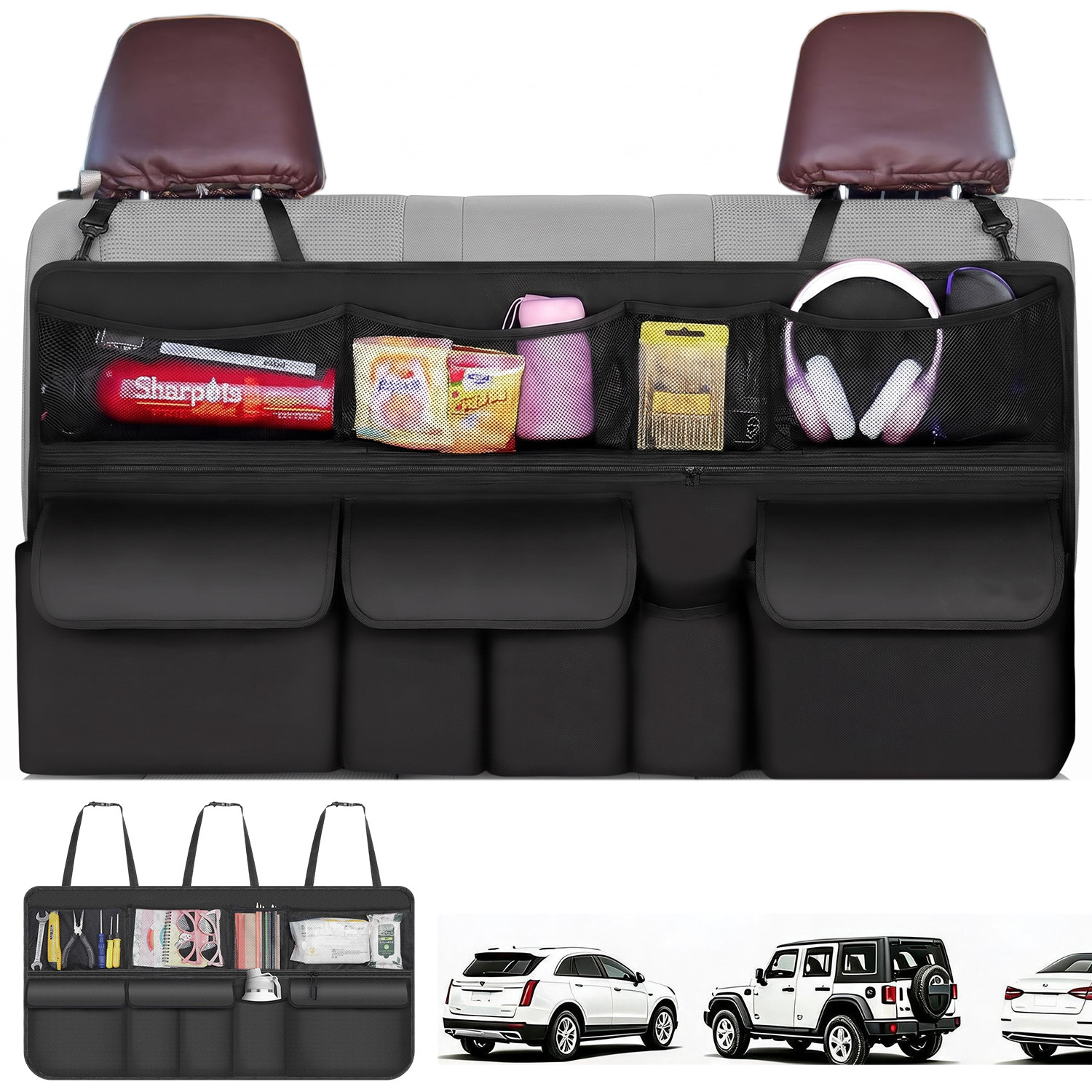 Image of Hanging Foldable Car Backseat Storage Organizer, Black Oxford Fabric Trunk Organizer Bag, Universal Auto Storage For Suv, Mpv, Minivan, Truck