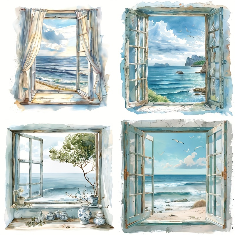 Four-in-one Window Sticker - Vibrant Printing, Car, Motorcycle And Bumper Decals With Coastal Decor Featuring Waves, Rocks And Greenery, Beach Theme Decoration