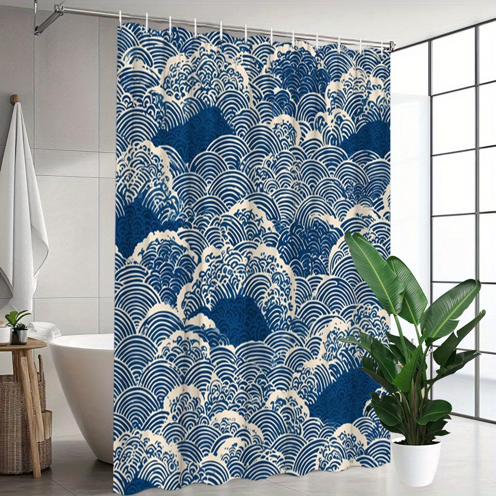 TEMU 1pc Traditional Japanese Wave Shower Curtain - Ocean Waves With White Foam, -e Style, Polyester, 70.8x70.8 Inches, 12 Hooks, Washable, Bathroom