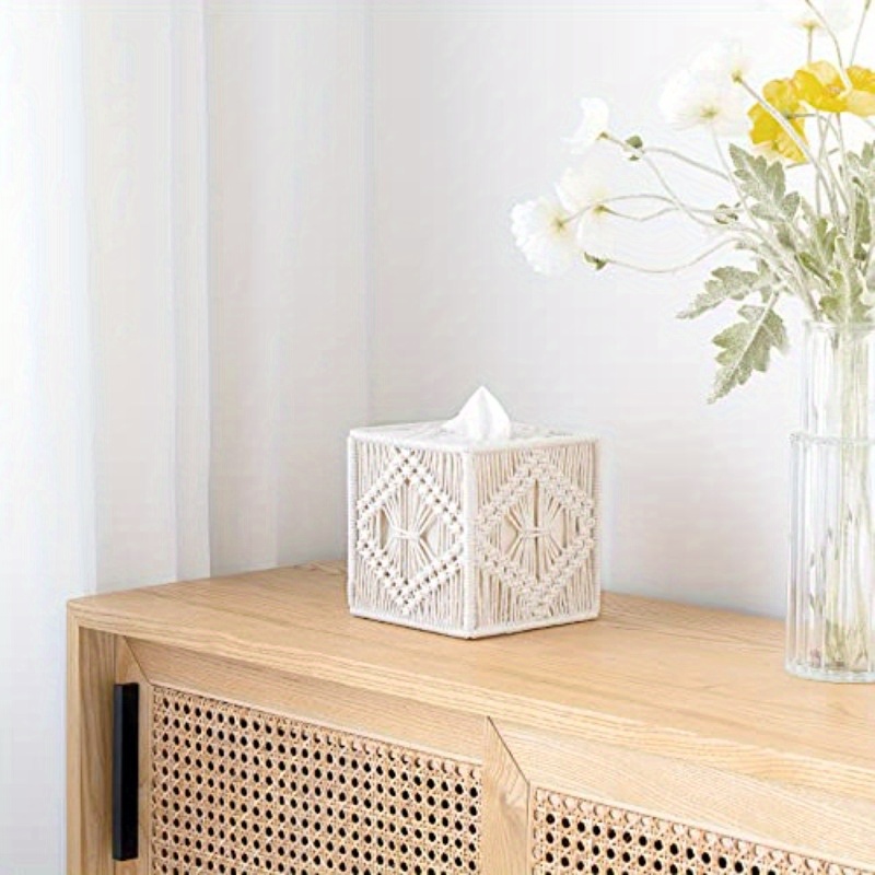 boho chic macrame magazine rack and tissue box set ivory round shape   bathroom bedroom dresser living room office dorm decor bathroom decor boho chic style woven texture bathroom decorations Product details 4