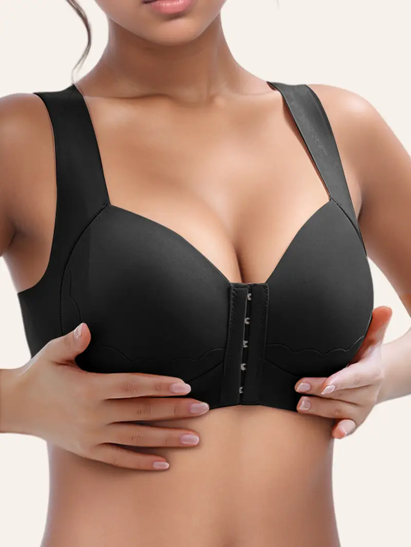 womens solid color front closure bra with shell pattern trim integrated wide shoulder straps non removable pads wire free 5 colors from meeting multi environment wear Product details 13