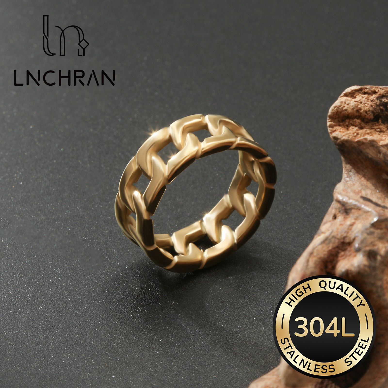 Image of 304l Stainless Steel Chain Weave Openwork Ring Golden Minimalist Retro Style For Men And Women Versatile Daily Jewelry