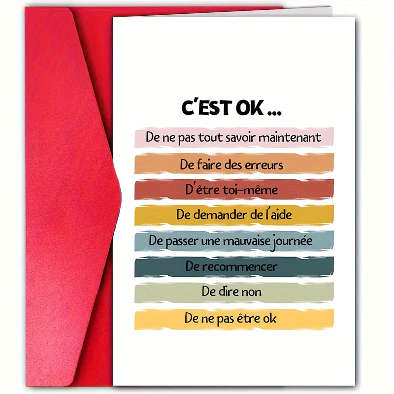 TEMU 1 carte de vœux d'encouragement français avec enveloppe - Design de motivation "C'est OK...", rayures colorées et message réconfortant pour , et