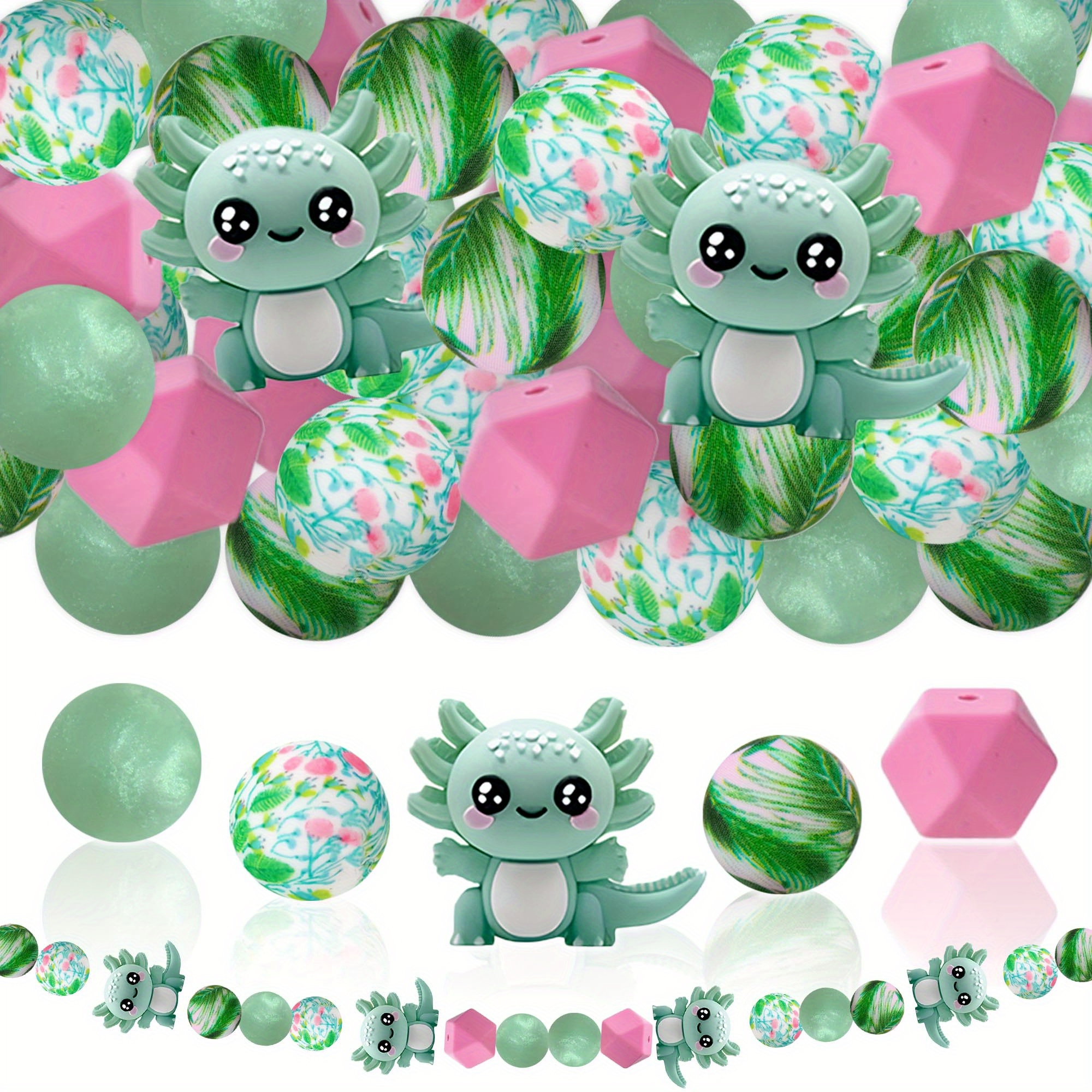 TEMU 25pcs Perles de silicone Hexagonale Thème Dragon Perles en libre en silicone Vert Rose Perles rondes Aléatoires Perles focales Convient pour la