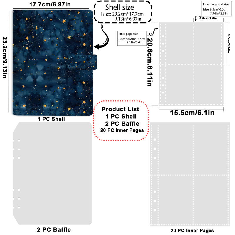 TEMU 1. Navy Blue Starry Night Pu Leather A5 Four-compartment Ring Binder/card Organizer/magnetic Snap/postcard/photo/small Card Organizer/suitable
